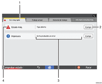 Ilustración con llamadas numeradas de la pantalla del panel de operaciones