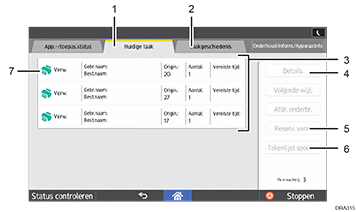 Genummerde afbeelding van het scherm van het bedieningspaneel