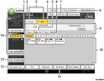 Genummerde afbeelding van het scherm van het bedieningspaneel