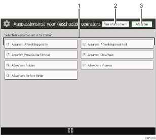 Genummerde afbeelding van het scherm van het bedieningspaneel