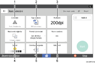 Číslovaná ilustrace ovládacího panelu zařízení