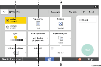 Číslovaná ilustrace ovládacího panelu zařízení