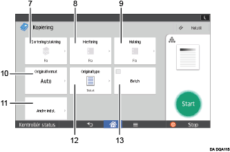 Nummereret illustration af skærmbilledet på betjeningspanelet