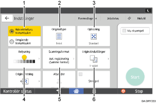 Nummereret illustration af skærmbilledet på betjeningspanelet
