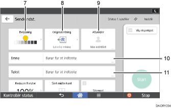 Nummereret illustration af skærmbilledet på betjeningspanelet