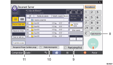 Ilustración con llamadas numeradas de la pantalla del panel de mandos