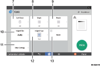 Ilustración con llamadas numeradas de la pantalla del panel de mandos