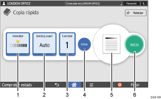 Ilustración con llamadas numeradas de la pantalla del panel de mandos