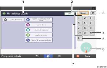 Ilustración con llamadas numeradas de la pantalla del panel de mandos