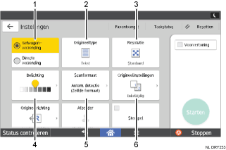 Genummerde afbeelding van het scherm van het bedieningspaneel