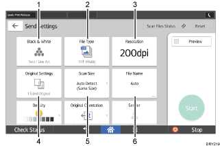 ภาพประกอบแสดงชื่อเรียกส่วนต่างๆ ของหน้าจอแผงการทำงานที่ระบุตามหมายเลข