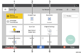 ภาพประกอบแสดงชื่อเรียกส่วนต่างๆ ของหน้าจอแผงการทำงานที่ระบุตามหมายเลข