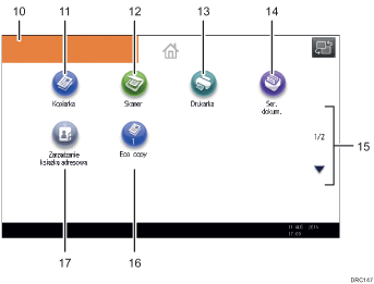 Ilustracja ekranu panela oznaczona numerowanymi odsyłaczami