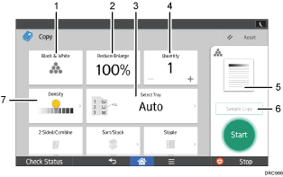 ภาพประกอบแสดงชื่อเรียกส่วนต่างๆ ของหน้าจอแผงการทำงานระบุตามหมายเลข