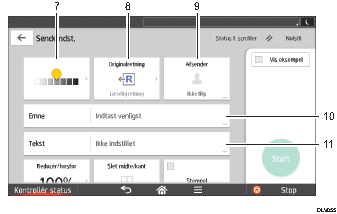 Nummereret illustration af skærmbilledet på betjeningspanelet