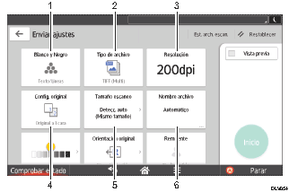 Ilustración con llamadas numeradas de la pantalla del panel de mandos
