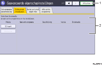 Genummerde afbeelding van het scherm van het bedieningspaneel