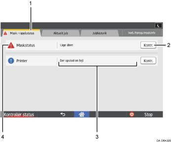 Nummereret illustration af betjeningspanelet
