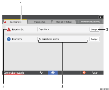 Ilustración con llamadas numeradas de la pantalla del panel de operaciones