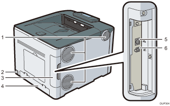 Nummereret illustration af printerens bagside