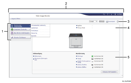 Απεικόνιση οθόνης προγράμματος περιήγησης με αριθμημένες επεξηγήσεις