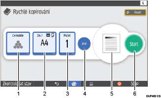 Číslovaná ilustrace ovládacího panelu zařízení