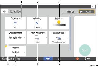Nummereret illustration af skærmbilledet på betjeningspanelet