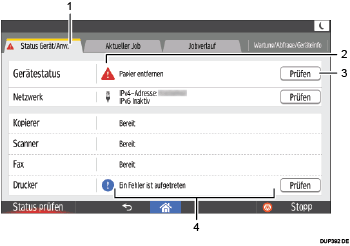 Nummerierte Abbildung der Bedienfeldanzeige