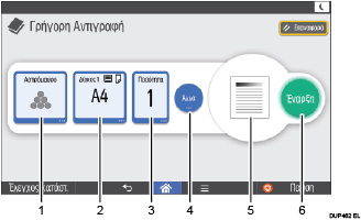 Απεικόνιση της οθόνης του πίνακα χειρισμού με αριθμημένες επεξηγήσεις