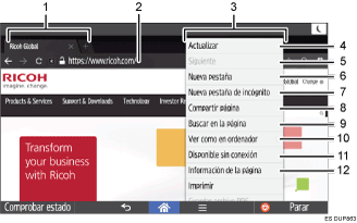 Ilustración con llamadas numeradas de la pantalla del panel de mandos