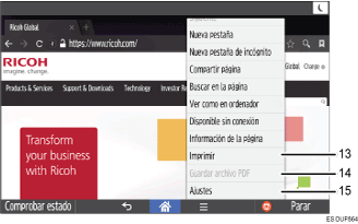 Ilustración con llamadas numeradas de la pantalla del panel de mandos