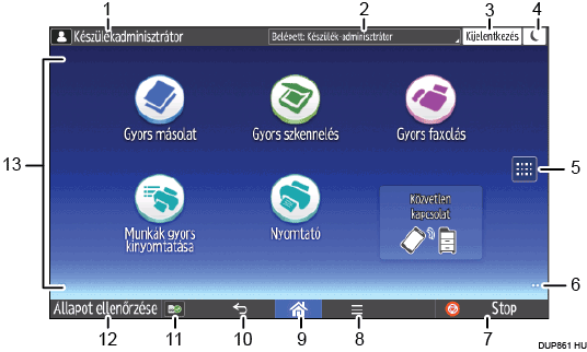 Kezelőpanel képernyőjének számozott jelölésű illusztrálása