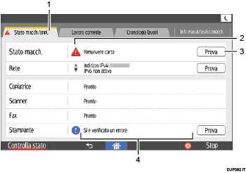 Illustrazione schermata pannello di controllo con didascalie numerate