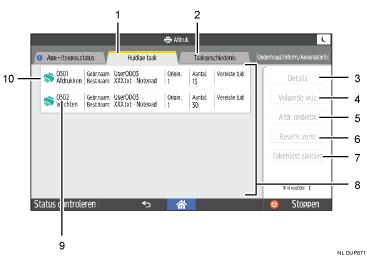 Genummerde afbeelding van het scherm van het bedieningspaneel