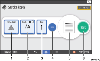 Ilustracja ekranu panela oznaczona numerowanymi odsyłaczami
