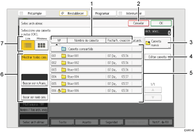 Ilustración con llamadas numeradas de la pantalla del panel de mandos