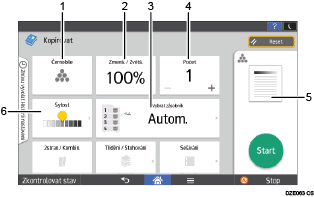 Číslovaná ilustrace ovládacího panelu zařízení