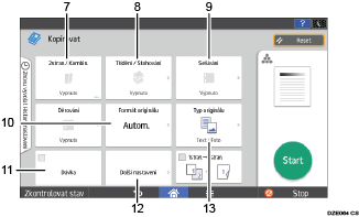Číslovaná ilustrace ovládacího panelu zařízení