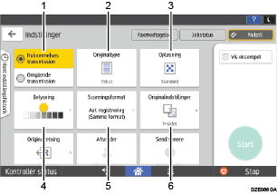 Nummereret illustration af skærmbilledet på betjeningspanelet