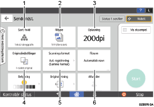 Nummereret illustration af skærmbilledet på betjeningspanelet