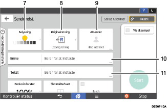Nummereret illustration af skærmbilledet på betjeningspanelet