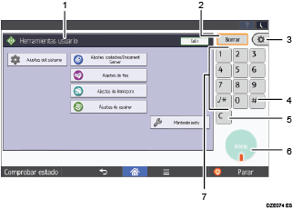 Ilustración con llamadas numeradas de la pantalla del panel de mandos