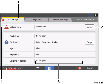 Ilustración con llamadas numeradas de la pantalla del panel de operaciones