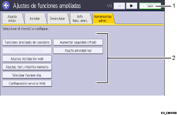 Ilustración con llamadas numeradas de la pantalla del panel de operaciones