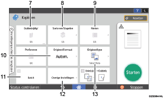 Genummerde afbeelding van het scherm van het bedieningspaneel