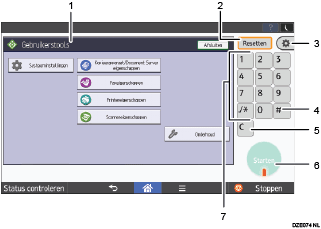 Genummerde afbeelding van het scherm van het bedieningspaneel