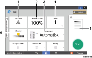 Illustrasjon av betjeningspanelet med nummererte bildetekster