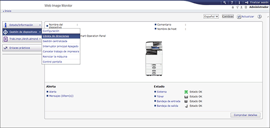 Ilustración de la pantalla del panel de mandos