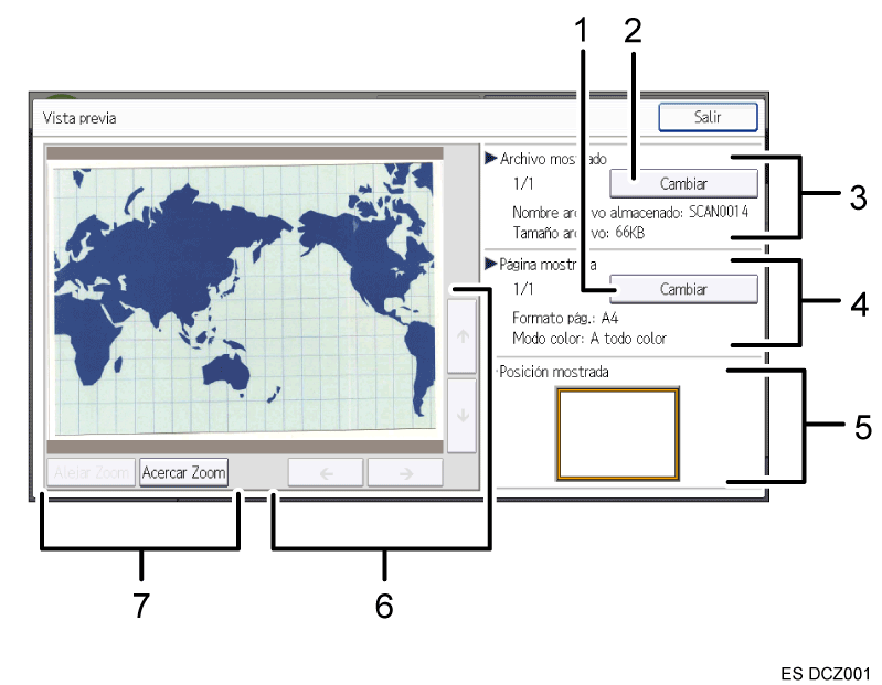 Ilustración con llamadas numeradas de la pantalla del panel de mandos