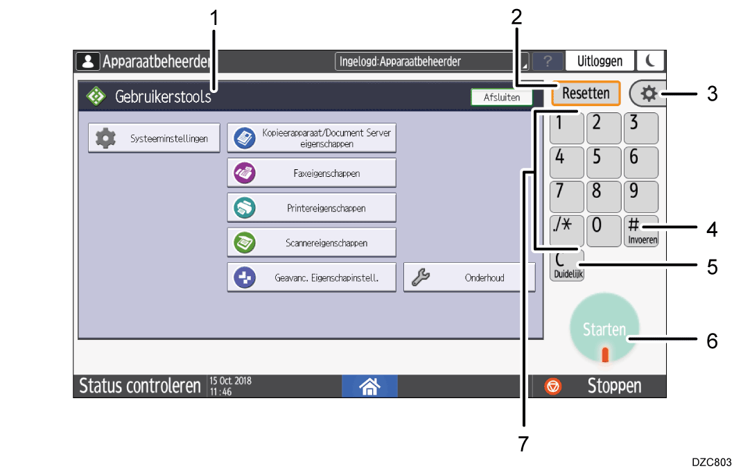 Genummerde afbeelding van het scherm van het bedieningspaneel